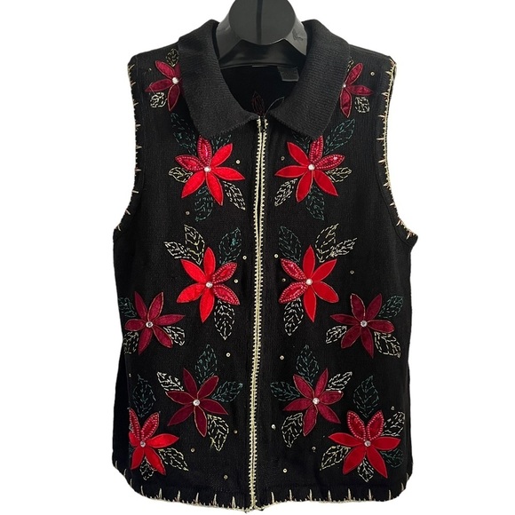 Vintage Christmas Sweater Vest Black‎ Poinsettia Embroidered Zip Front Holiday - Picture 1 of 9